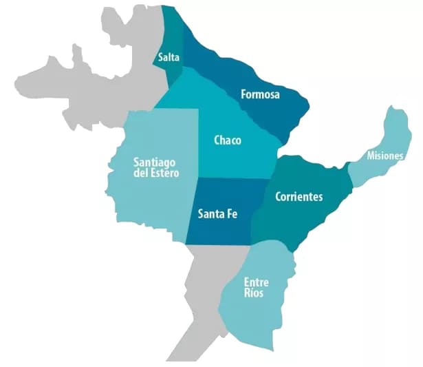 Mapa de cobertura RefriNea — refrigeración en NEA: Chaco, Corrientes, Formosa, Misiones, Santa Fe, Salta, Entre Ríos